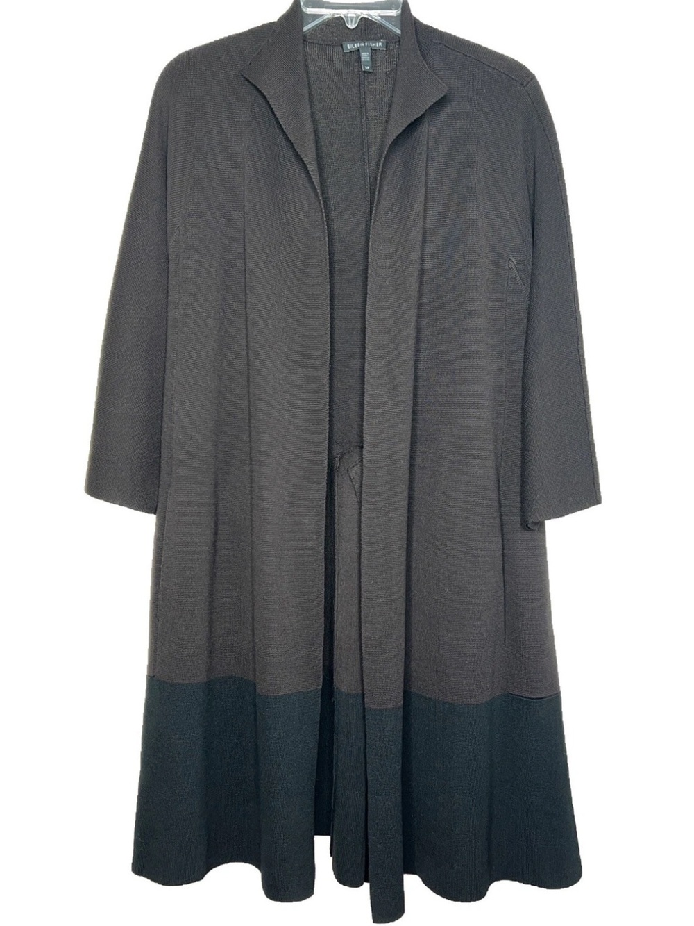 Eileen Fisher Colorblock Brown Black Long Kimono Cardigan Silk Pocket Plus 2X